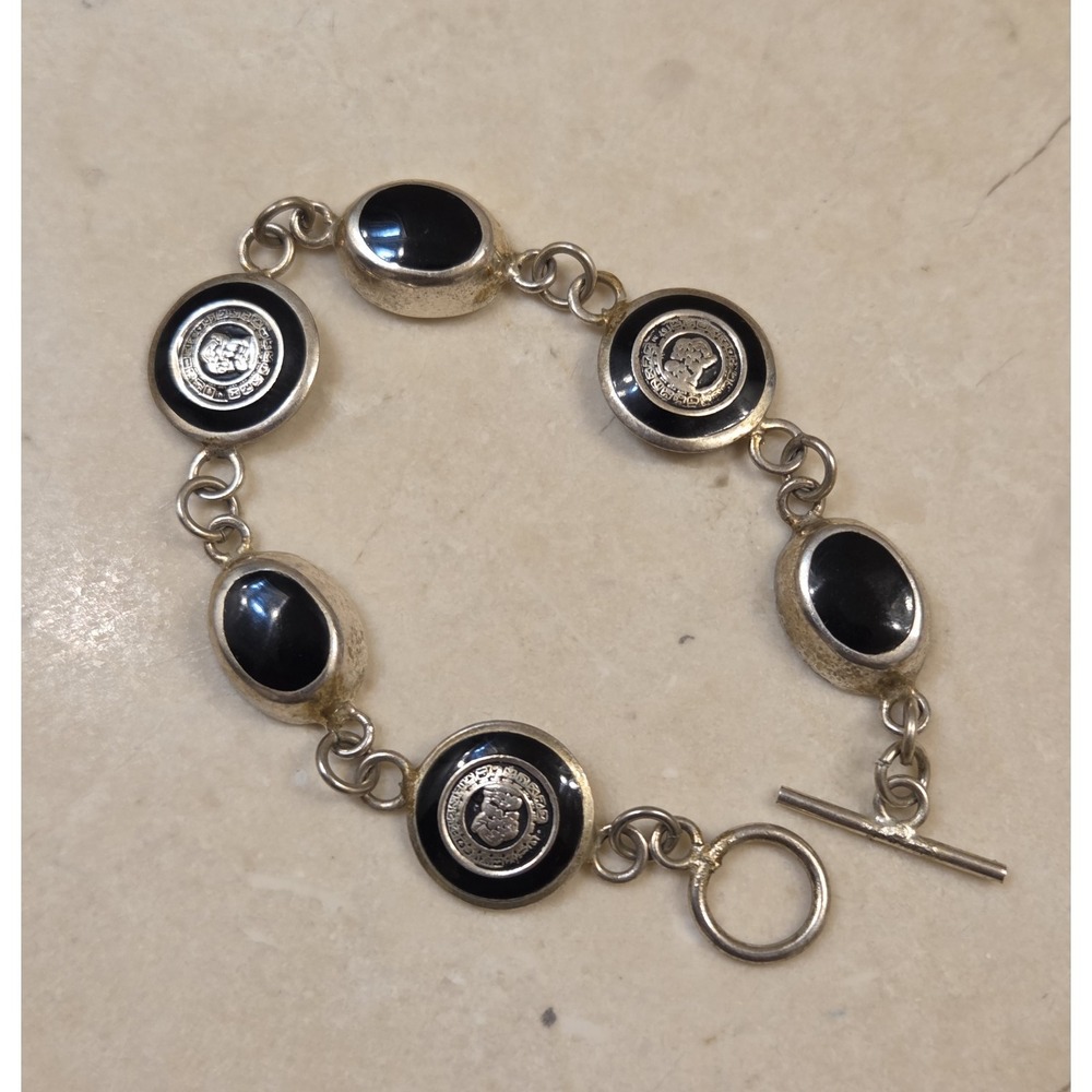 Vintage Chunky‎ Sterling Silver Black Onyx Mayan Calendar Bracelet Toggle 7.5"